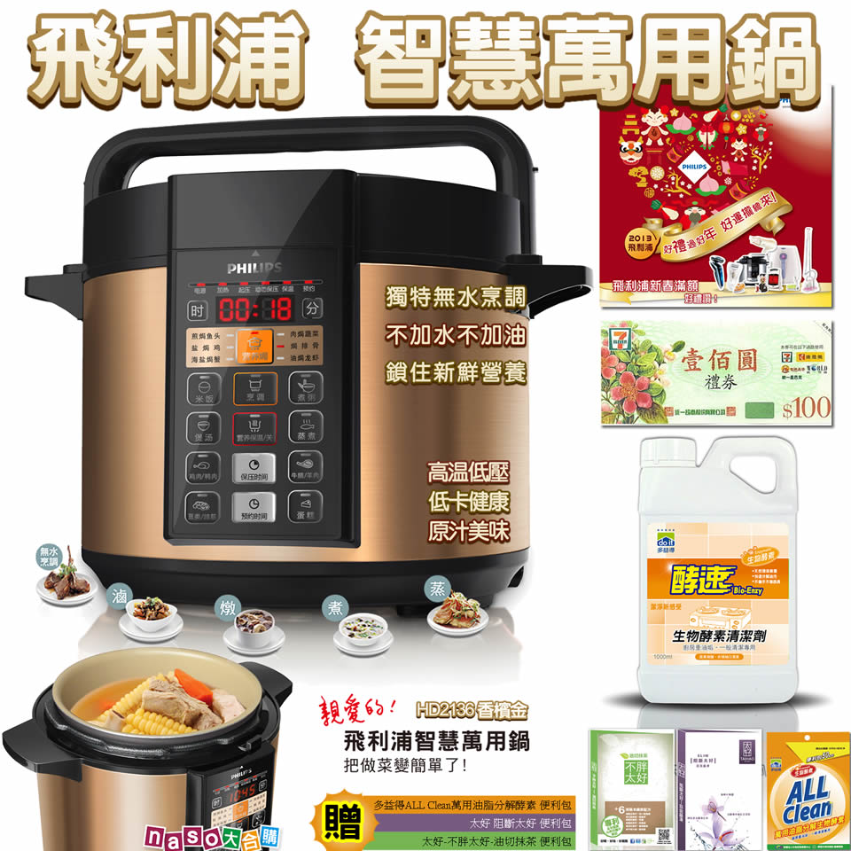 PHILIPS 飛利浦智慧萬用鍋HD2136香檳金(好評第二團)