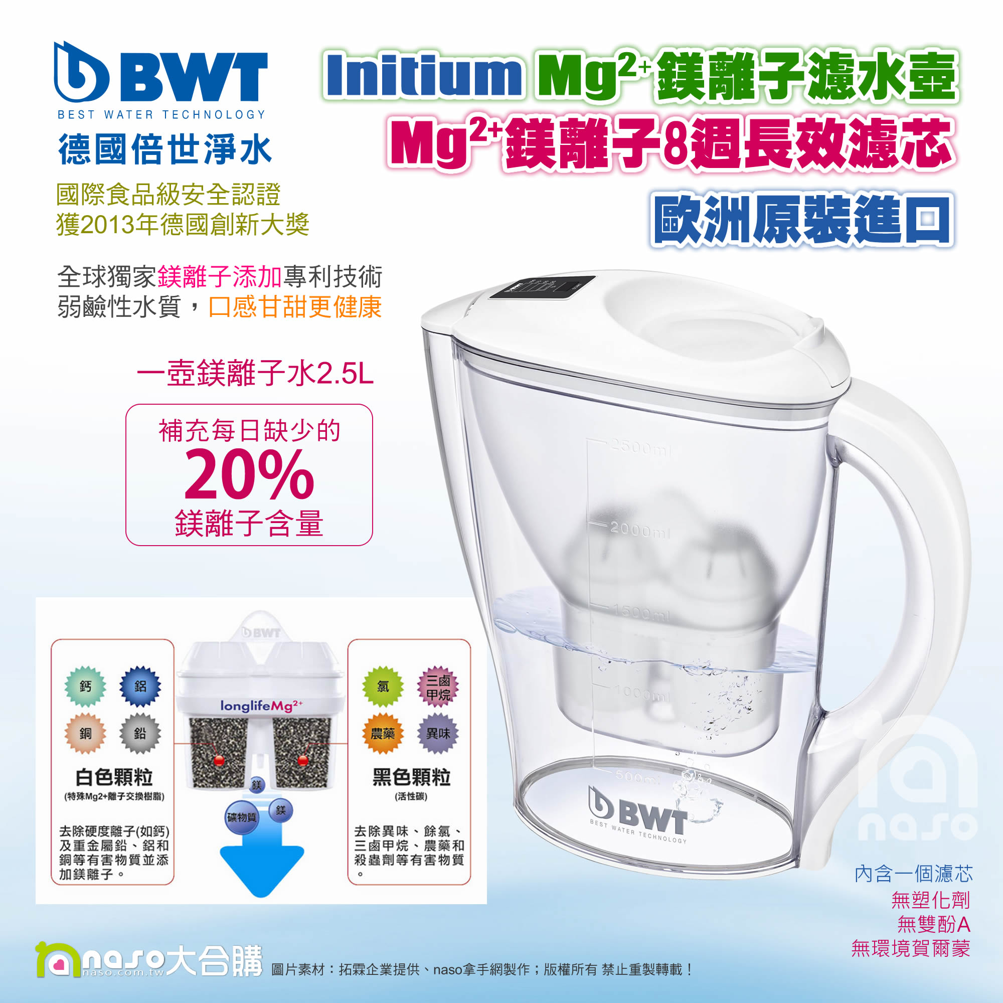 【BWT德國倍世】Mg2+鎂離子健康濾水壺 Initium 2.5L(1壺1芯) 