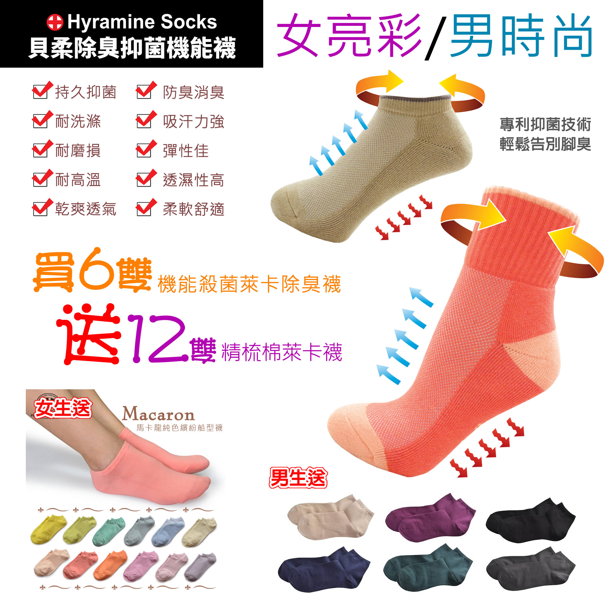貝柔專業級機能殺菌萊卡除臭襪(女亮彩/男時尚) 好評第2團