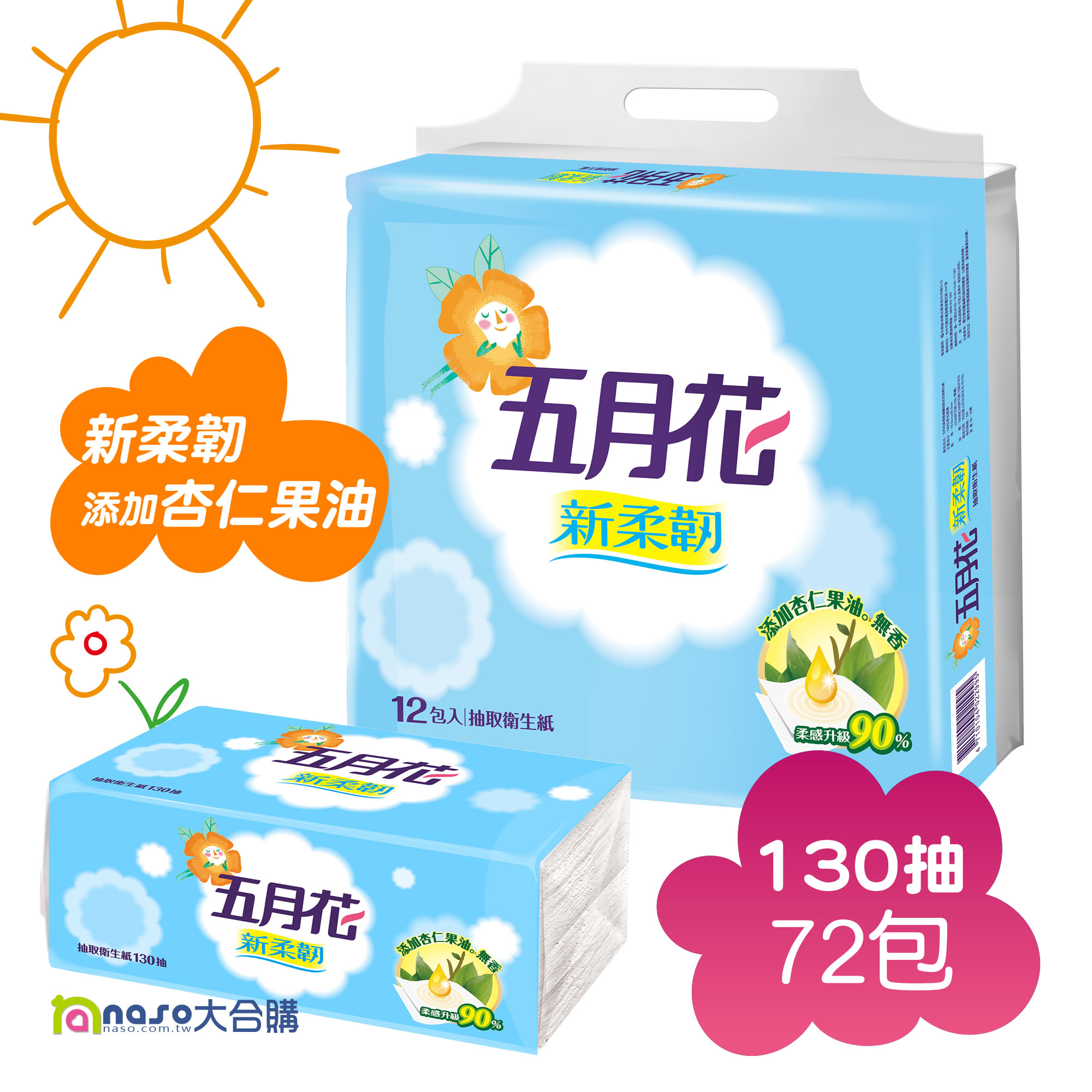 五月花新柔韌添加杏仁果油抽取衛生紙130抽72包 好評第2團